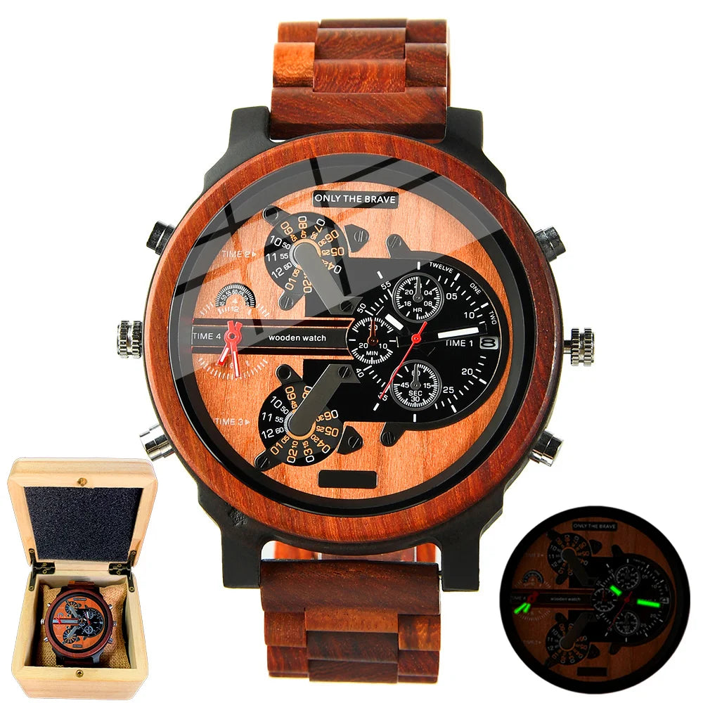 Montre homme en bois à quartz double horloge.