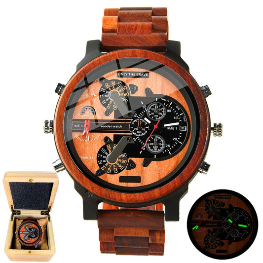 Montre homme en bois à quartz double horloge.
