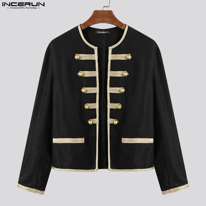 Vestes col rond à manches longues, Streetwear ouvert, Patchwork Vintage élégant mince manteaux hommes
