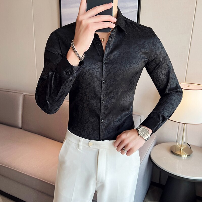 Chemise à manches longues floral pour hommes, chemises à fleurs de style coréen.
