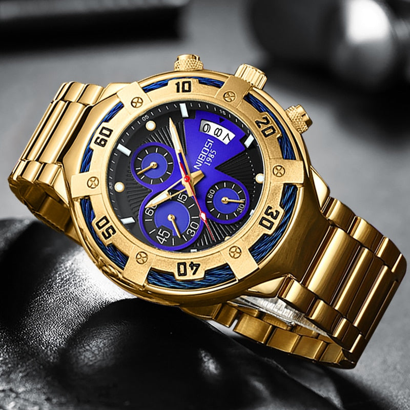 Montre de sport pour hommes étanche chronographe en acier inoxydable.