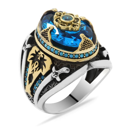 Bague élégante hommes Argent 925 original avec Pierre topaze bleu.