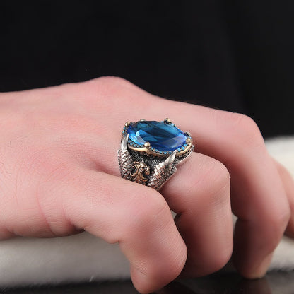Bague hommes griffes d'aigle en argent 925 original avec la pierre d'onyx aqeq bleu.