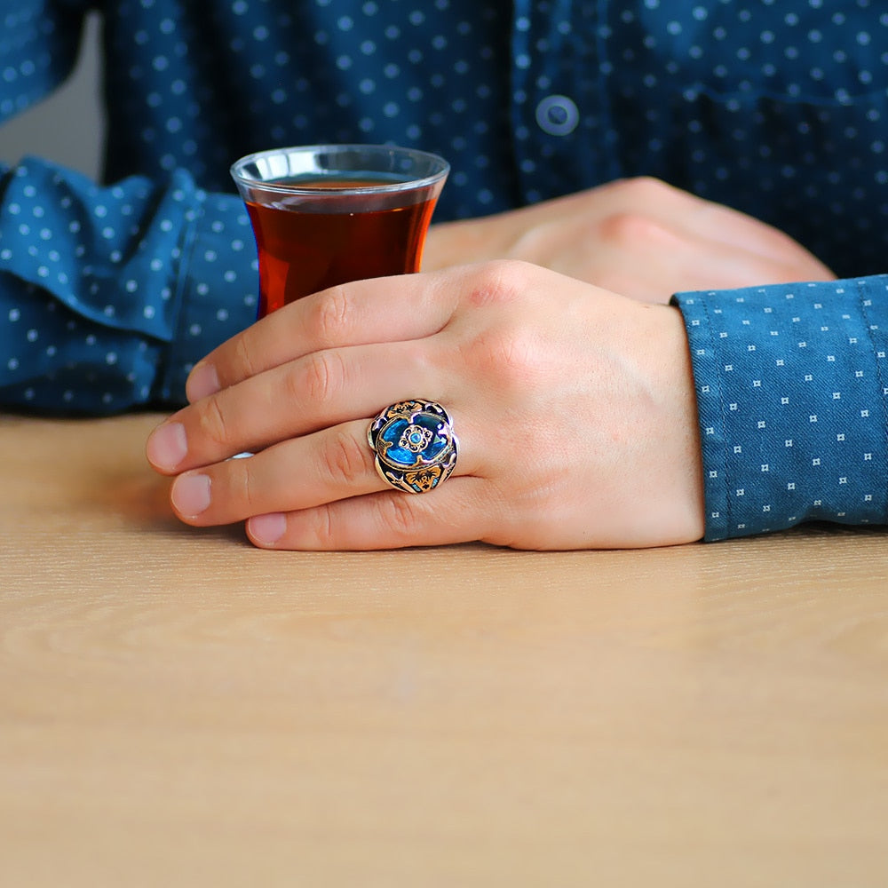 Bague élégante hommes Argent 925 original avec Pierre topaze bleu.