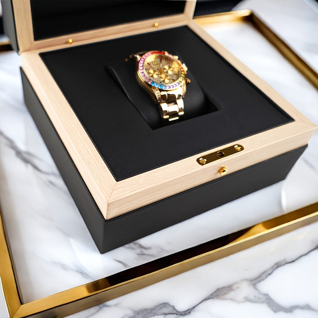 Boite à montre de luxe en bois noir avec intérieur en tissu.