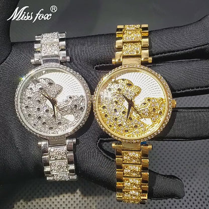 Montre de luxe en or pour femmes brillante avec diamant étanche robe léopard.