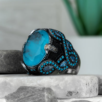 Bague hommes en argent pur 925 avec la pierre précieuse bleu.