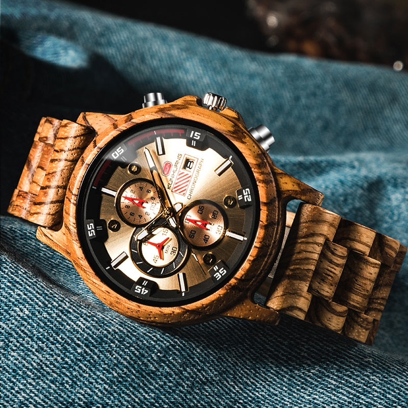 Montre en bois de luxe multifonction pour hommes,affichage de la date.