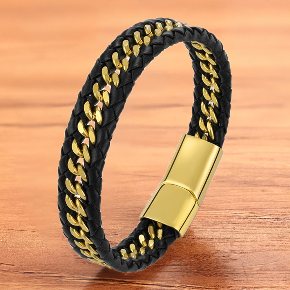 Bracelet en cuir véritable pour hommes,tissée,bracelets magnétiques en acier inoxydable.