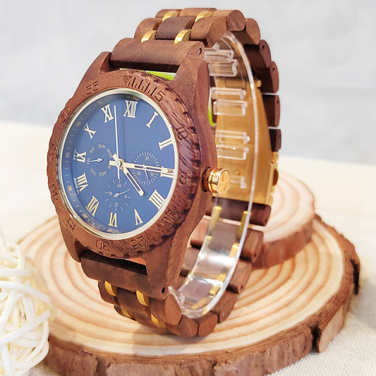 Montres bracelets en bois  pour hommes affichage de la date et de la semaine.
