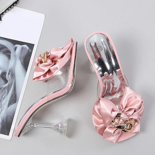 Pantoufles transparentes pour femmes, sandales de styliste avec nœud papillon.