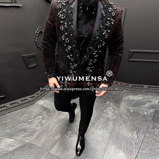 costume de luxe imbibé pour hommes, appliques noires perlées, blazer formel, glaçure.