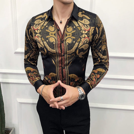 Chemises or pour hommes, style baroque de luxe, Slim, à manches longues.