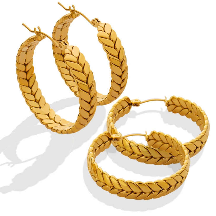 Boucles d'oreilles créoles en acier inoxydable pour femme, bijoux fins, forme d'oreille de blé, cercle entrelacé.