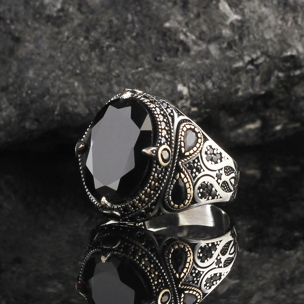 Bague hommes en argent 925 original avec la pierre onyx aqeq.