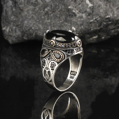 Bague hommes en argent 925 original avec la pierre onyx aqeq.