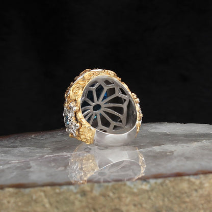 Bague hommes en argent pur 925 plaqué en or avec la pierre précieuse bleu .
