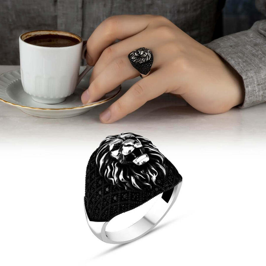 Bague hommes en argent 925 avec tête lion en pierre d'onyx aqeq.
